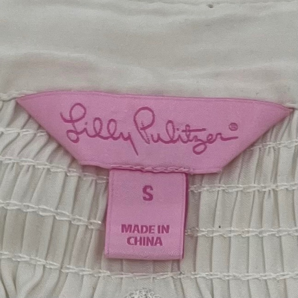 Lilly Pulitzer Women Embroidered Smocked Boho Peasant Blouse Size S Cream Resort - Picture 8 of 13